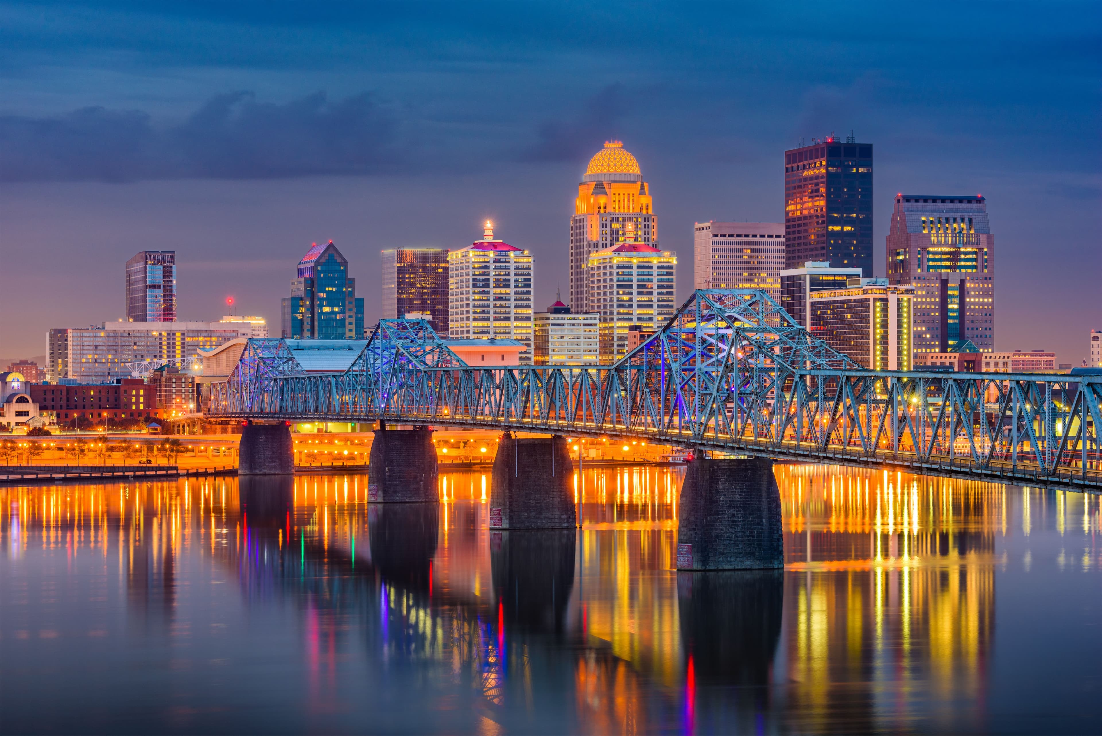Louisville, Kentucky, USA downtown skyline on the Ohio Riiver at dusk.