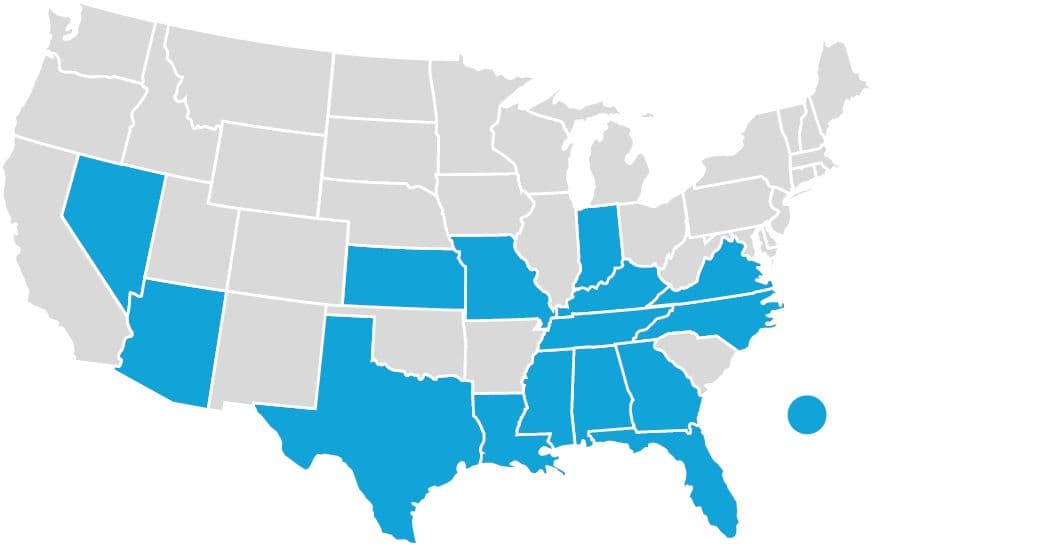 Map of the United States with states highlighted where CenterWell centers are located