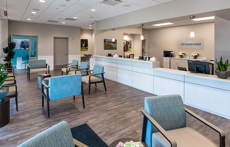 Interior view of the seating area and reception of a CenterWell Care Center